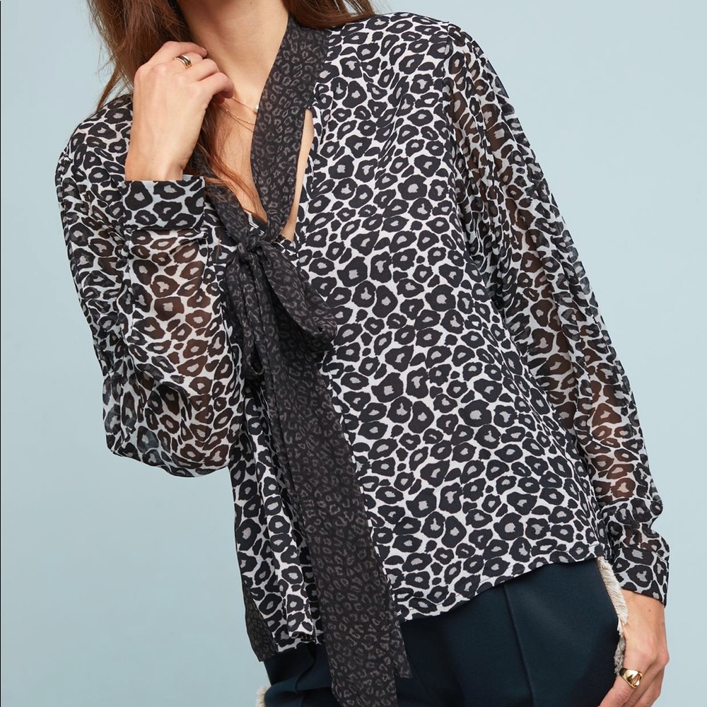 Anthropologie Mixed Leopard Tie Neck Blouse